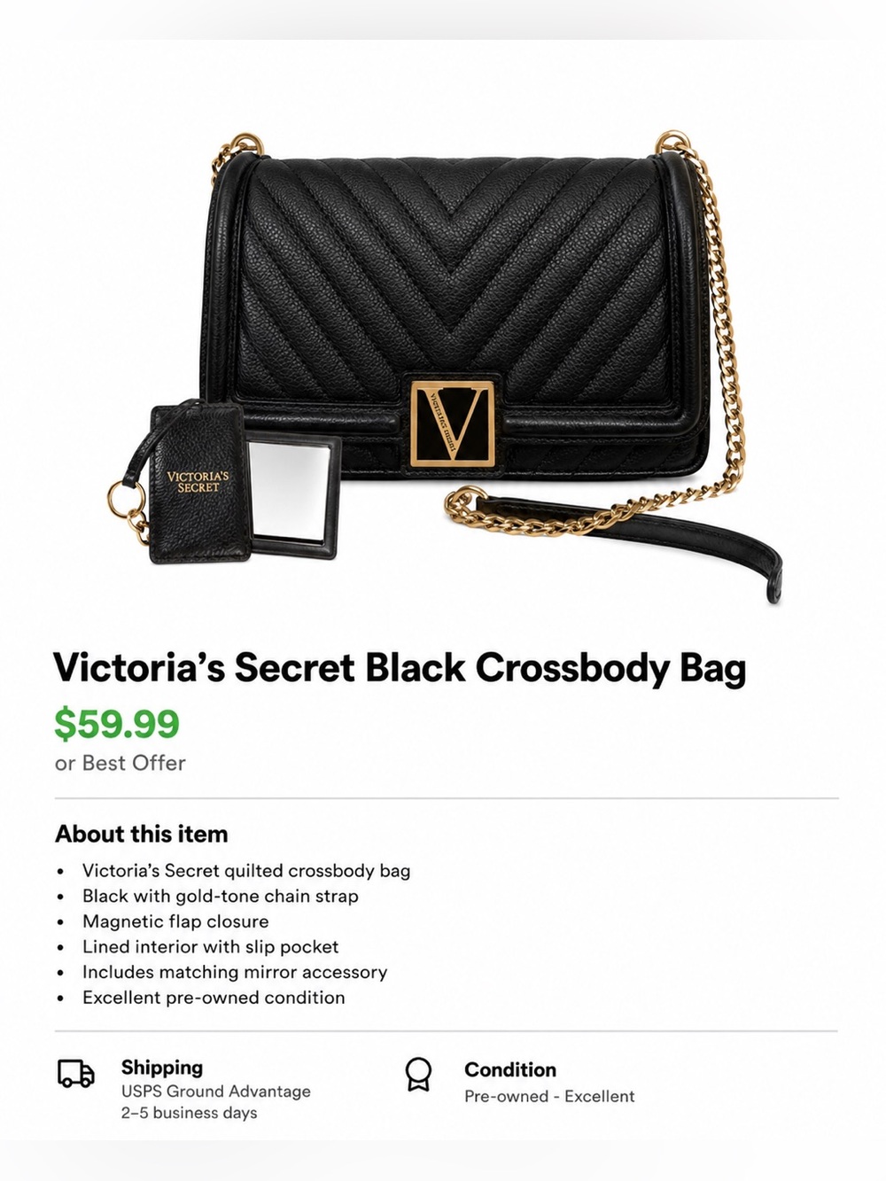 Victoria's Secret Black Quilted Crossbody with Gold Chain Accent and Mini Mirror
